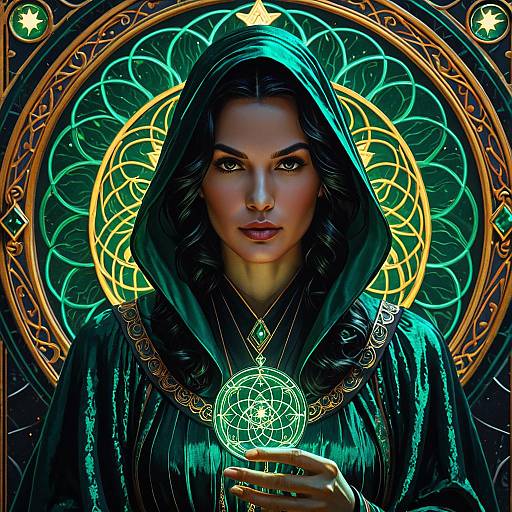 Emerald Clad Dark Witch with Luminescent Amulet