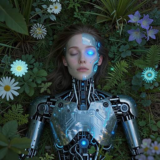 Photorealistic CGI: Cybernetic woman with glowing blue eye and circuitry lying among vibrant flowers, illuminated by ethereal light.