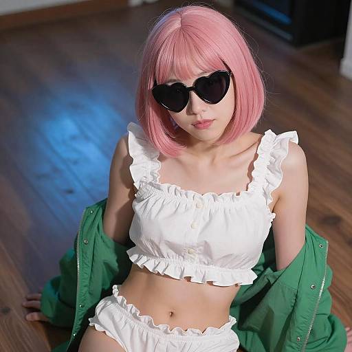 Playful Asian Woman in Pink Bob Hair