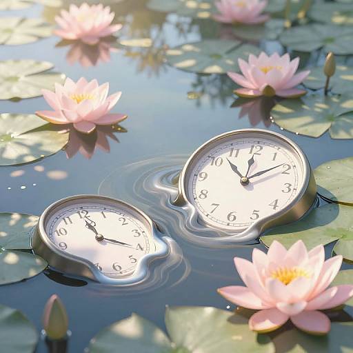 Surreal Water Lily Pond with Melting Clocks