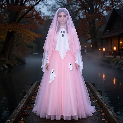 Photograph of a pale, ethereal young woman in a glowing white dress and veil, standing on a misty, dimly-lit wooden bridge