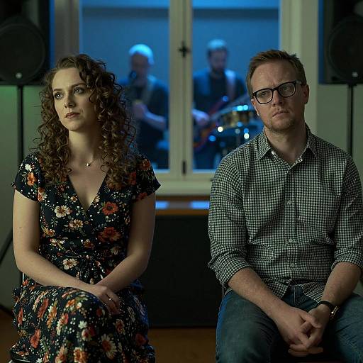 Couple Sitting in Dimly Lit Room with Band Performing