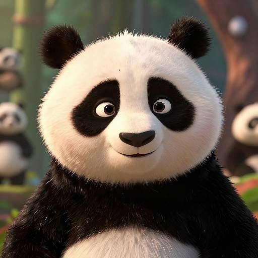 CGI close-up of a cute, cartoon-style panda with black and white fur, large round eyes, and a friendly smile, set against a blurred