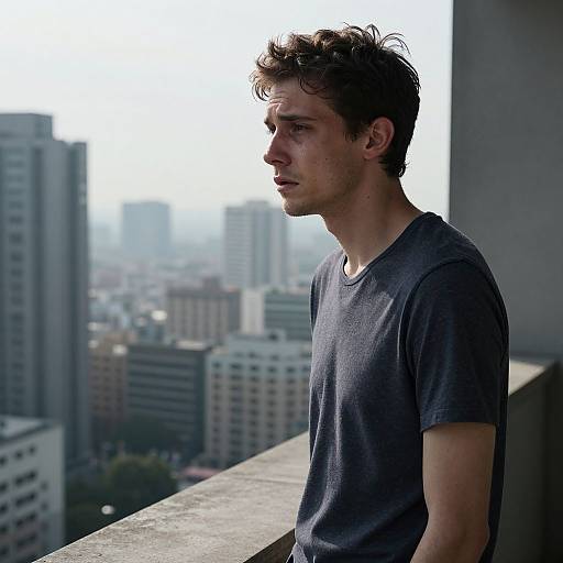 Photograph of a young man with tousled dark hair, wearing a gray t-shirt, standing on a balcony, gazing at a cityscape with