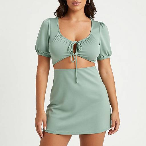 Photograph of a woman with medium skin tone, wearing a light mint green, short-sleeved, crop top and mini skirt, featuring a tie