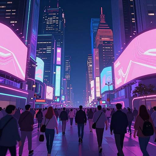 Neon-lit urban night scene, bustling city street filled with people, vibrant pink and blue digital billboards, towering skyscrapers, futuristic atmosphere