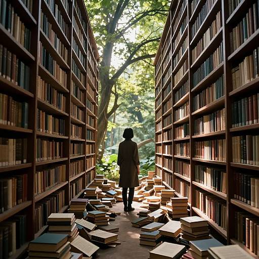 Photograph of a silhouette figure in a long coat, standing amidst scattered books between two tall, wooden library shelves, sunlight filtering through trees outside.