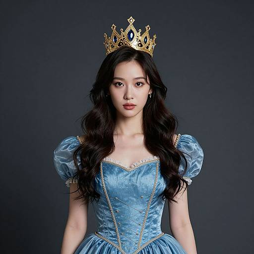 Photograph of an Asian woman with long black hair, wearing a blue satin princess dress and gold crown, against a dark background.