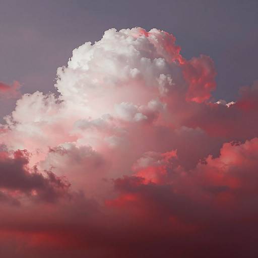Photograph of a large, radiant white cloud with pink and red edges against a deep purple and blue twilight sky.