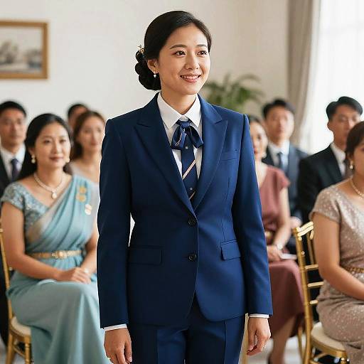 Photograph of a smiling Asian woman in a navy blue suit, white shirt, and striped tie, standing in a well-lit room with seated guests