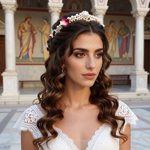 Photorealistic digital portrait of a beautiful woman with wavy brown hair, white lace dress, pearl and flower headpiece, standing in a classical,