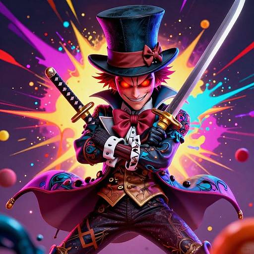 Dynamic anime-style digital artwork of a grinning, top-hatted villain with glowing red eyes, wielding a sword, against a colorful, explosive background.