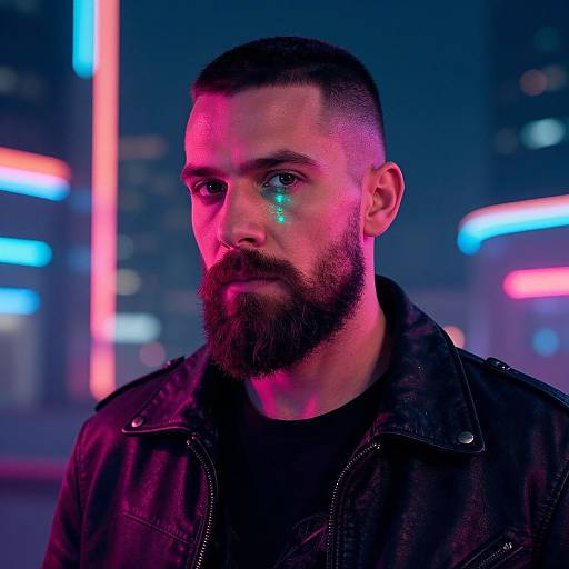 Photograph of a bearded man with short dark hair, wearing a black leather jacket, illuminated by neon pink and blue lights in a futuristic cityscape