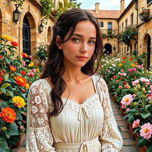 Sorrowful Spanish Noblewoman in Blooming Courtyard