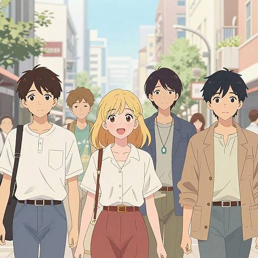 Anime-style digital illustration of five young people walking down a sunny urban street, with a blonde girl in the center.