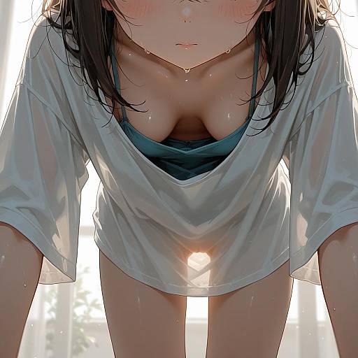 Anime Girl Leaning Forward in Loose T-Shirt