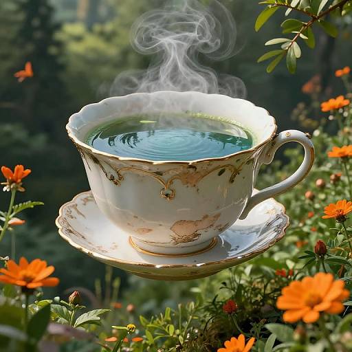 Photograph of a steaming, ornate white teacup with green tea on a matching saucer, surrounded by vibrant orange flowers and lush green