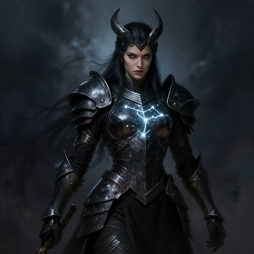 Digital artwork of a fierce, dark-haired woman in black, glowing, horned armor with electric blue accents, standing against a stormy, dark background