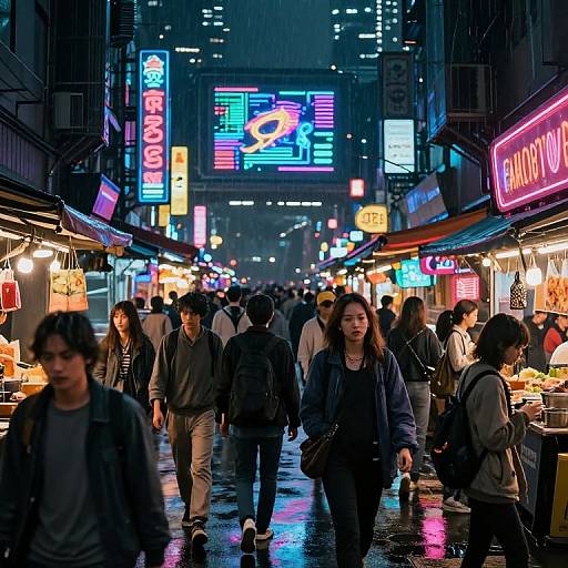 Photograph of a bustling neon-lit nighttime street market with diverse pedestrians, colorful signs, food stalls, and a rainy wet pavement.