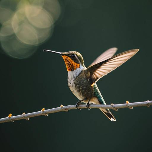 Hummingbird perched on twig with wings raised