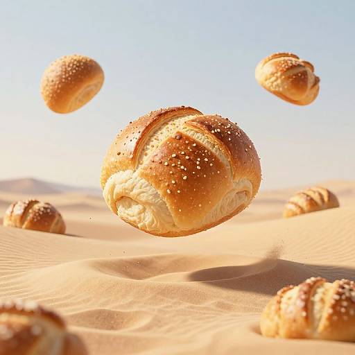 Photorealistic CGI of sesame-seeded bagels floating in a sunlit, golden desert, with rippling sand and scattered bagels in the background
