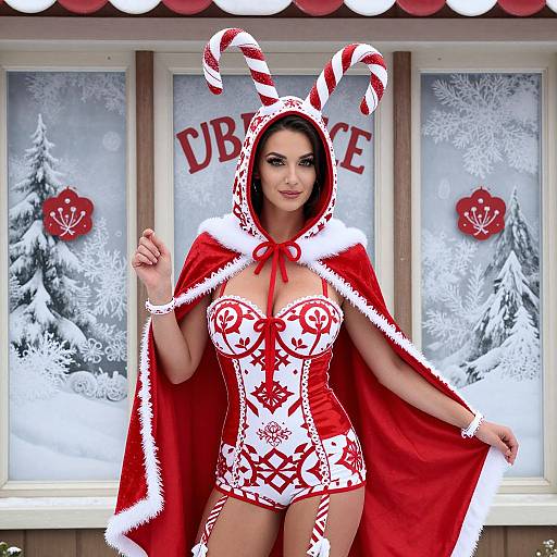 Photograph of a woman in a festive red and white Christmas-themed outfit with a hood, candy cane ears, and cape, standing in front of snowy