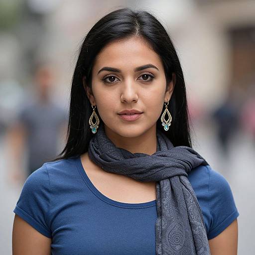 Photograph of an Indian woman with long black hair, wearing a blue top, gray scarf, and teardrop earrings, standing in a blurred urban