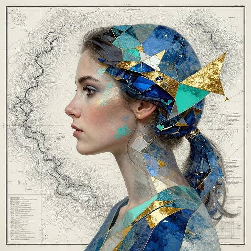 Digital portrait of a young woman with fair skin, blue eyes, and dark hair, adorned with geometric blue, gold, and teal shapes, in profile