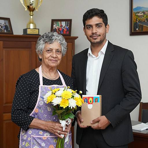 Older Woman and Younger Man Gift Exchange Indoors