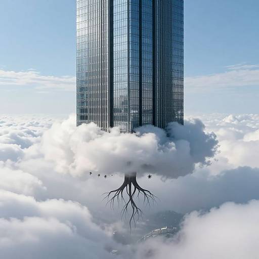 Digital artwork of a tall skyscraper emerging from white clouds, with its roots extending downward, surrounded by a bright blue sky.