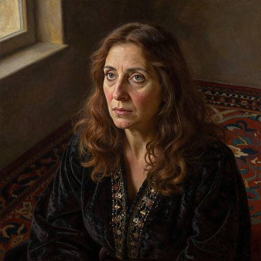 Photorealistic digital painting of a middle-aged woman with wavy brown hair, wearing a black embroidered robe, sitting by a sunlit window, looking