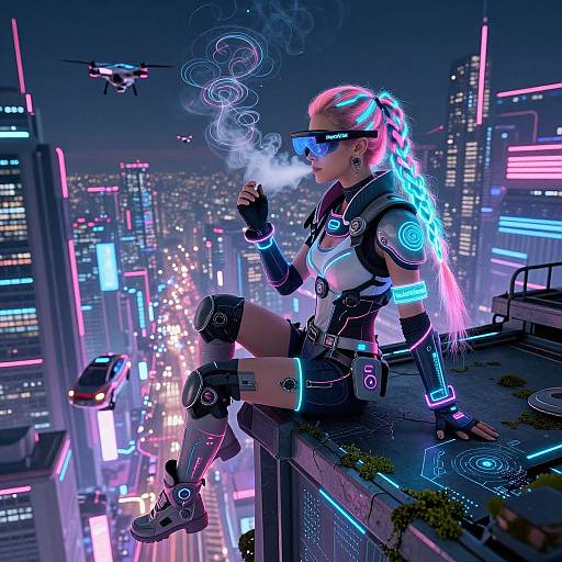 Cyberpunk cityscape: neon-lit buildings, futuristic drone, woman with glowing pink and blue braided hair, cybernetic armor, smoking