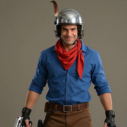 Photograph of a smiling man in a silver helmet with a feather, blue shirt, red scarf, brown pants, and black gloves, against a gray