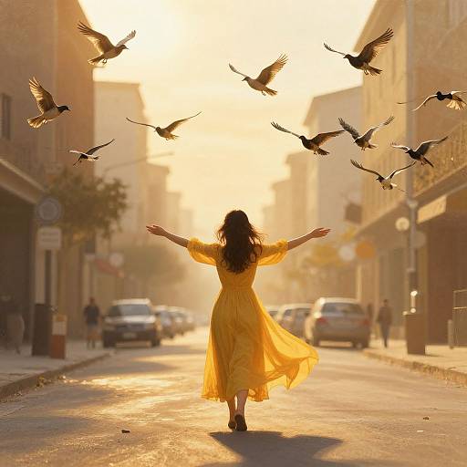 Photograph of a woman in a flowing yellow dress with arms outstretched, walking down a sunlit, urban street, surrounded by flying birds.