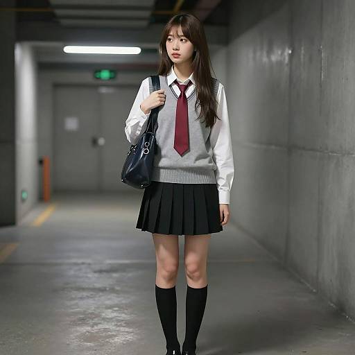 Young Japanese Woman in School Uniform in Industrial Hallway