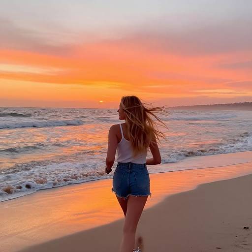 Photograph of a blonde woman in a white tank top and denim skirt walking on a beach at sunset, with vibrant orange and pink sky reflecting on the