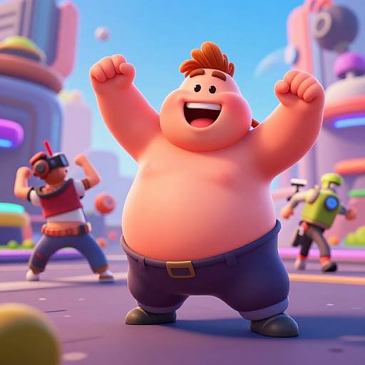 3D CGI image of a chubby, smiling, shirtless, brown-haired man in blue pants, raising fists, in a vibrant, futuristic cityscape