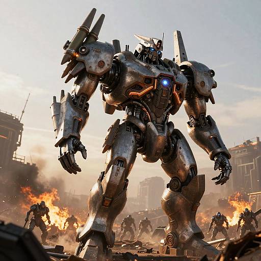 Photorealistic CGI of a towering, silver robotic warrior with glowing blue eyes, standing amidst a war-torn urban battlefield with flames and smoke in the