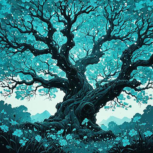 Cinematic Aquamarine Floral Ancient Tree