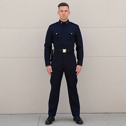 Photograph of a tall, Caucasian man with short brown hair, wearing a black police uniform with a silver belt buckle, standing against a white wall.