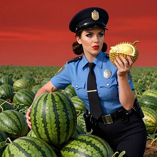 Photograph of a stylish, red-lipped, dark-haired policewoman in a blue uniform, holding a spiky melon, amidst a water