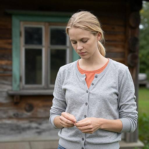 Blonde Woman by a Wooden Cabin