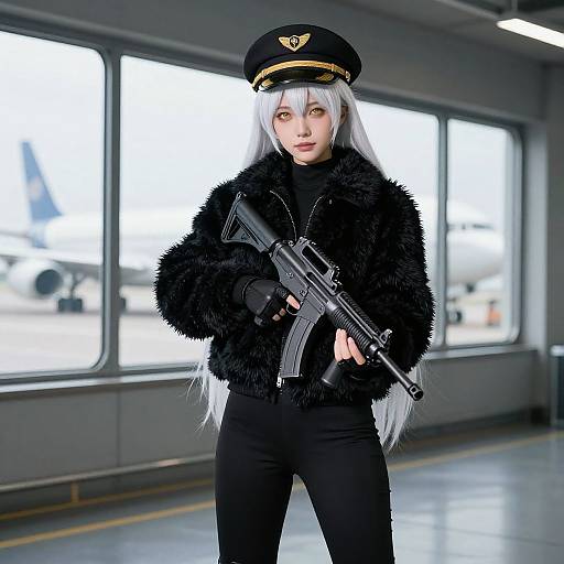 Digital art of an anime-style woman with long white hair, black fur jacket, black pants, and pilot hat, holding a gun in an airport terminal