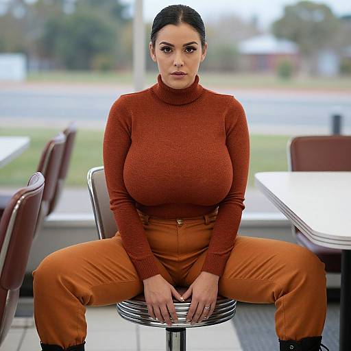 Photograph of a curvy woman with large breasts, dark hair in a bun, wearing an orange turtleneck and matching pants, sitting on a