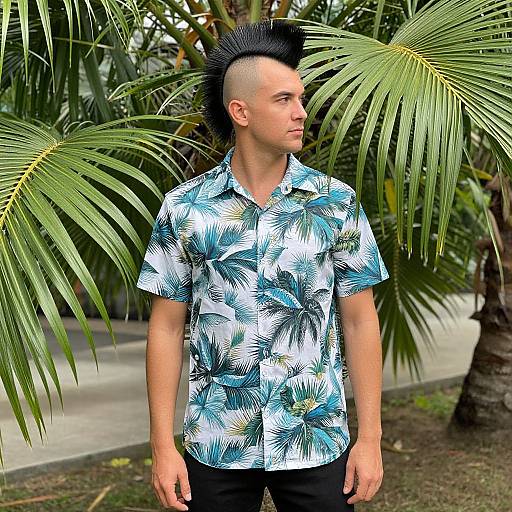 Photorealistic CGI of a young man with a spiked black haircut, wearing a blue and green tropical patterned shirt, standing amidst palm leaves.