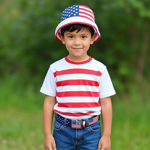 Photograph of a young boy with tan skin, black hair, wearing a star-spangled bucket hat, red and white striped shirt, blue jeans with