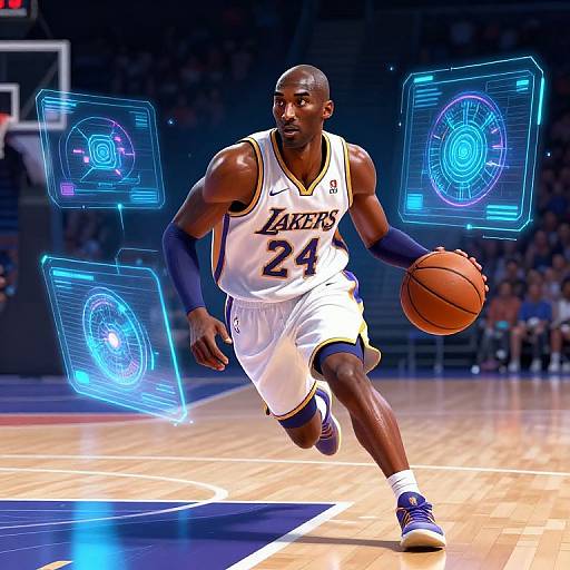 Digital illustration of a muscular black male basketball player in a Los Angeles Lakers uniform, number 24, running with a basketball while holographic blue digital interfaces