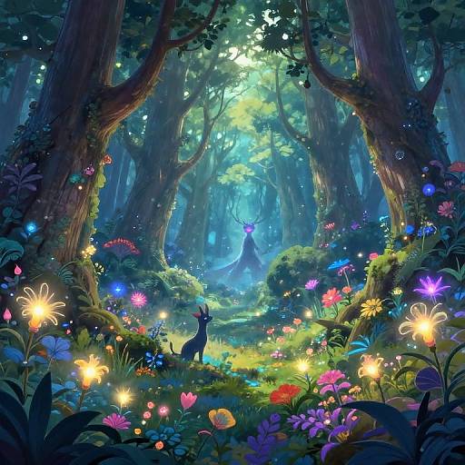 Enchanted forest illustration: glowing fireflies, colorful flowers, tall trees, ethereal blue light, and a deer silhouette standing in the center.
