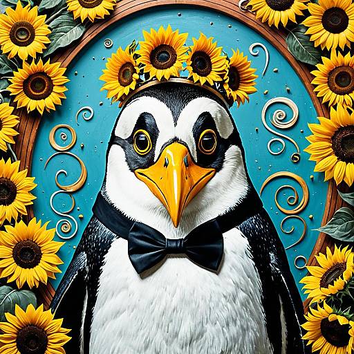 Whimsical Penguin with Sunflower Crown