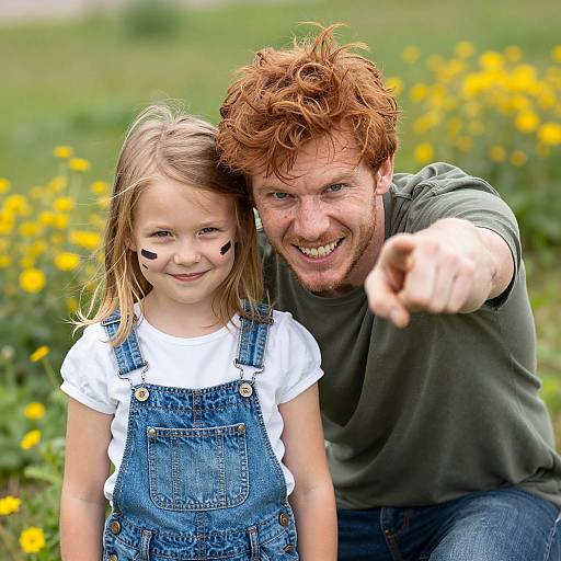 Man and Young Girl Outdoors with Yellow Flowers